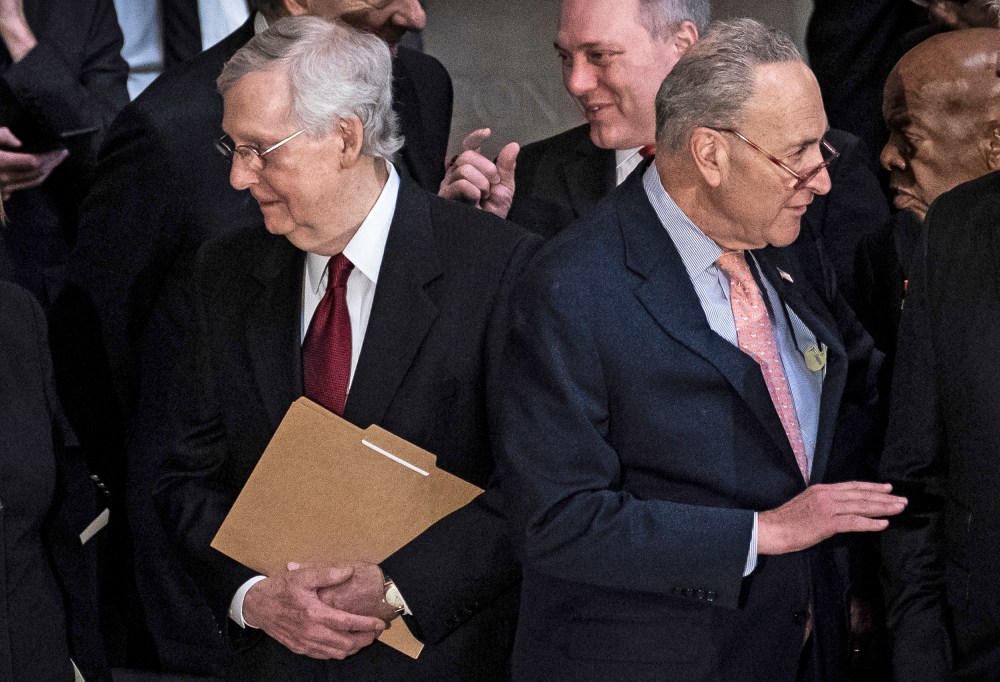 Senate Majority Leader Mitch McConnell and Senate Minority Leader Chuck Schumer before a memorial service for Rep. Elijah Cummings, D-Md., at the U.S. Capitol on Oct. 24, 2019.