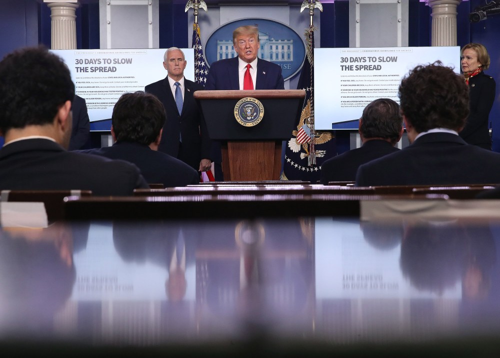 Image: President Donald Trump speaks during the daily coronavirus task force briefing in the Brady Briefing room at the White House