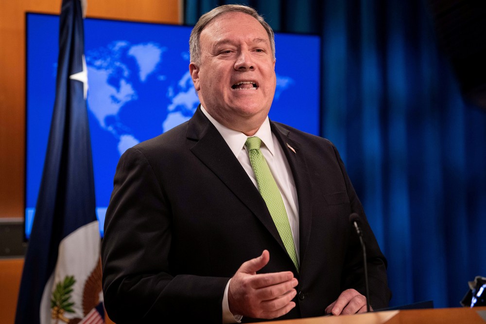 Image: Secretary of State Mike Pompeo speaks to the media at the State Department in Washington