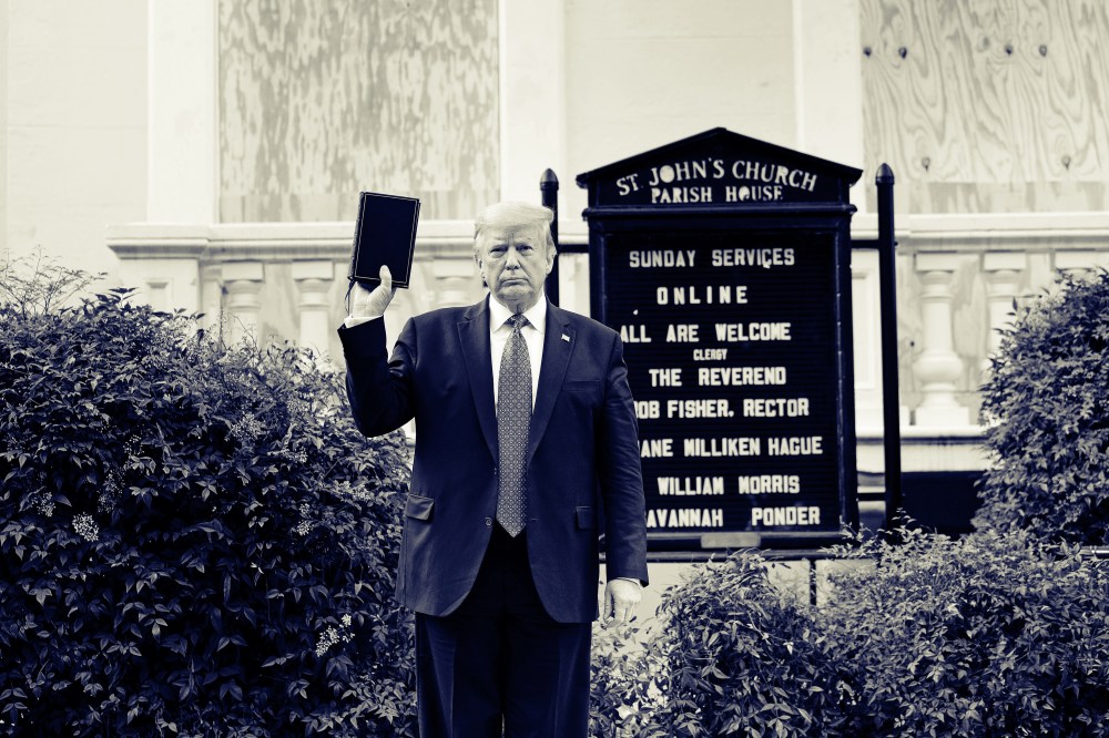 President Donald Trump holds a Bible while visiting St. John's Church across from the White House after the area was cleared of protesters on June 1, 2020.
