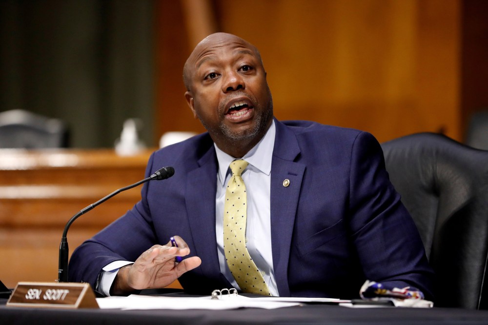 Image: Sen. Tim Scott (R-SC) speaks during a Senate Health Education Labor and Pensions Committee hearing on new coronavirus disease (COVID-19) tests, on Capitol Hill.