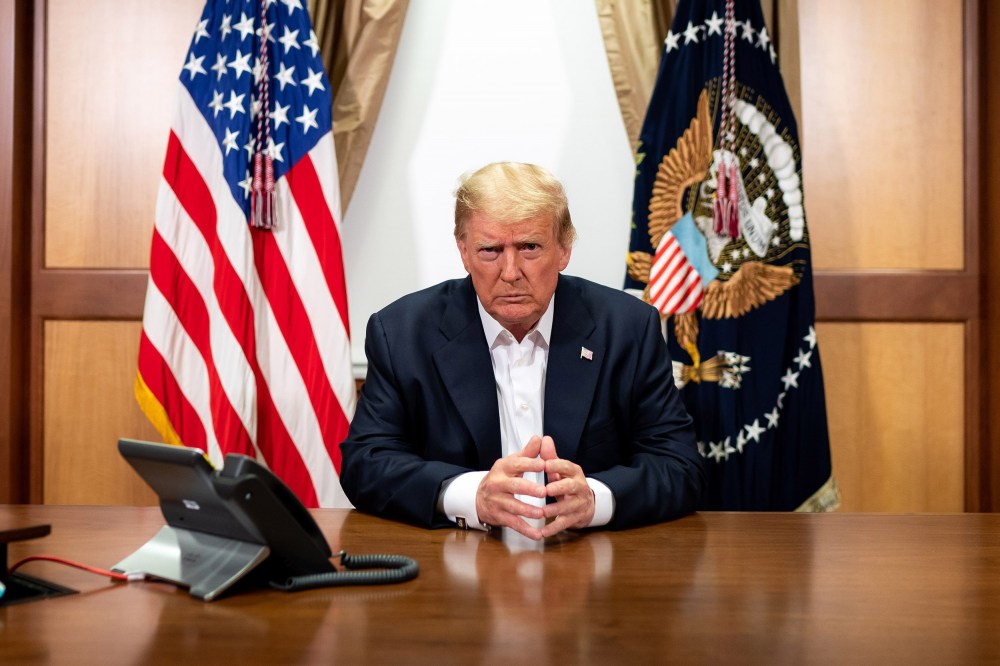 Image:President Donald Trump participates in a phone call with Vice President Mike Pence, Secretary of State Mike Pompeo, and Chairman of the Joint Chiefs of Staff Gen. Mark Milley in his conference room at Walter Reed National Military Medical Center