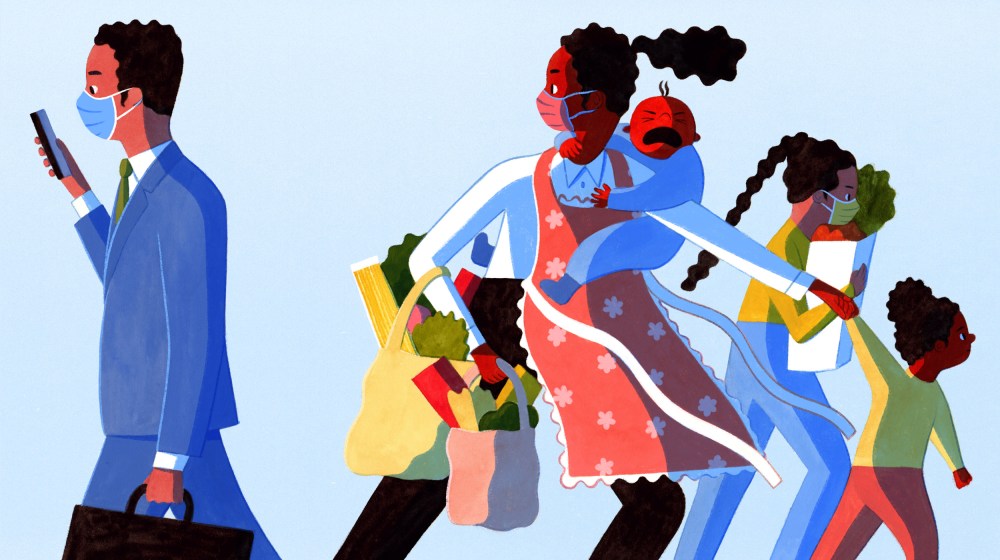 Image: A woman carrying her crying child and groceries looks back at a man heading to work with a briefcase.