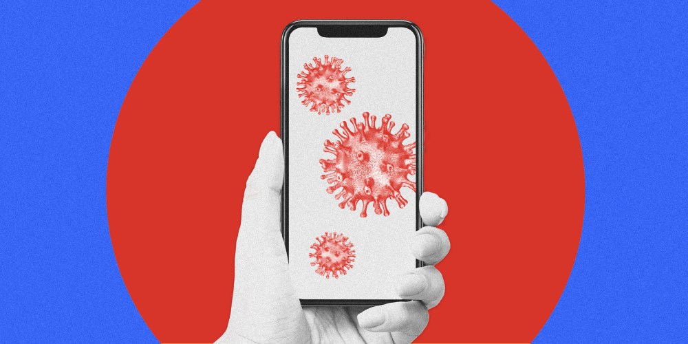 Image: A phone with coronavirus spores inside a red circle on a blue background.