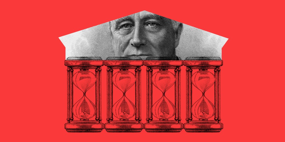 Image: Four hourglasses form the columns of the Supreme Court as Franklin D. Roosevelt's engraving looks through the triangular upper part of the building.