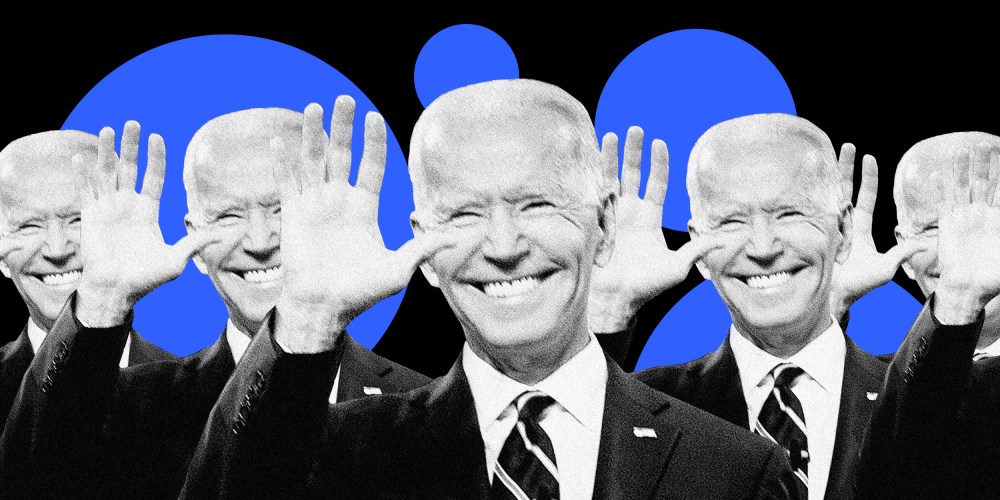 Image: A lot of smiling Joe Biden's wave on a background of blue circles.