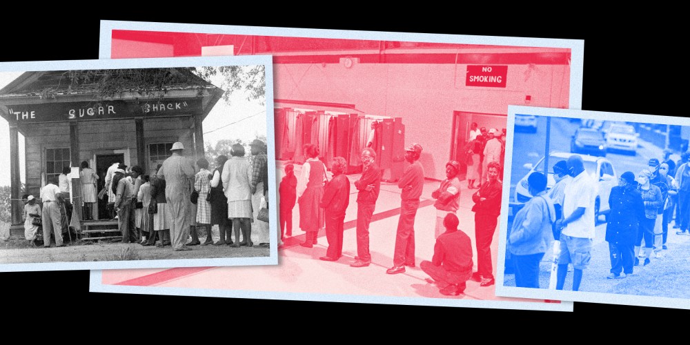 Image: Three photographs of voters lining up placed over each other form one long line.