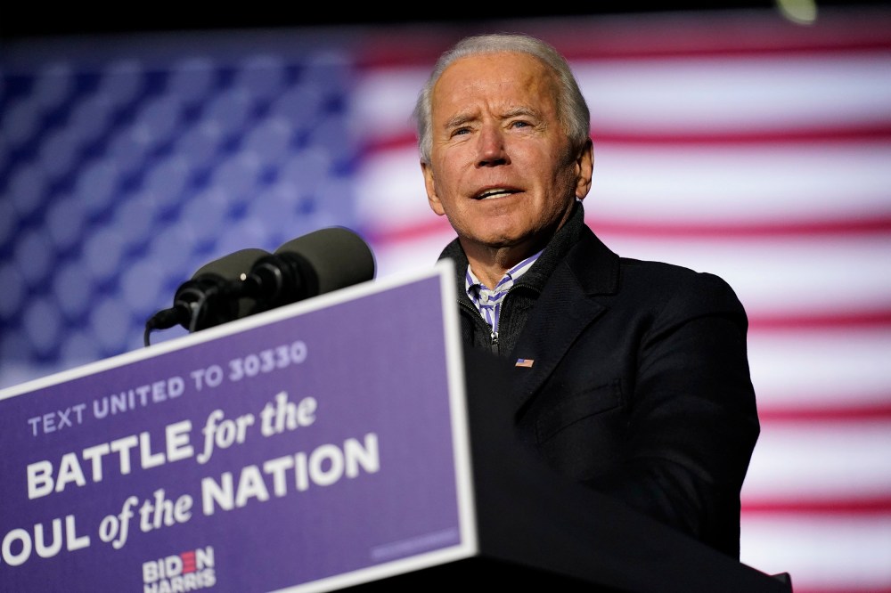 Image: Democratic presidential candidate former Vice President Joe Biden speaks during a drive-in rally at Heinz Field, Monday, Nov. 2, 2020, in Pittsburgh.