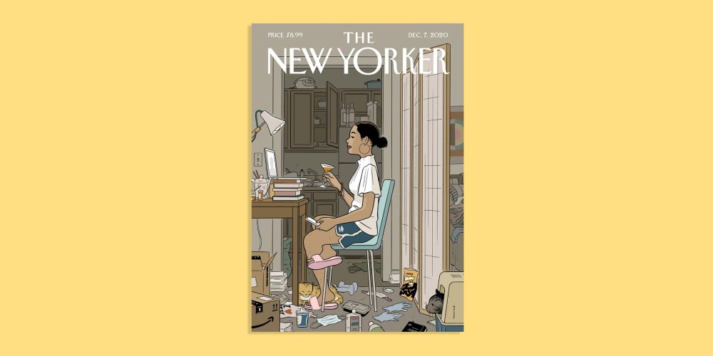 Image: Illustrated cover of the New Yorker on a yellow background. The cover features a girl in front of a laptop holding a glass in her apartment.