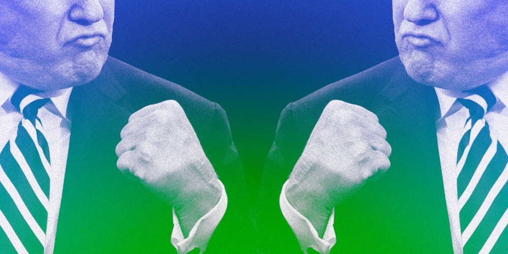 Image: Donald Trump pumps his fist; color overlayed with green and blue.
