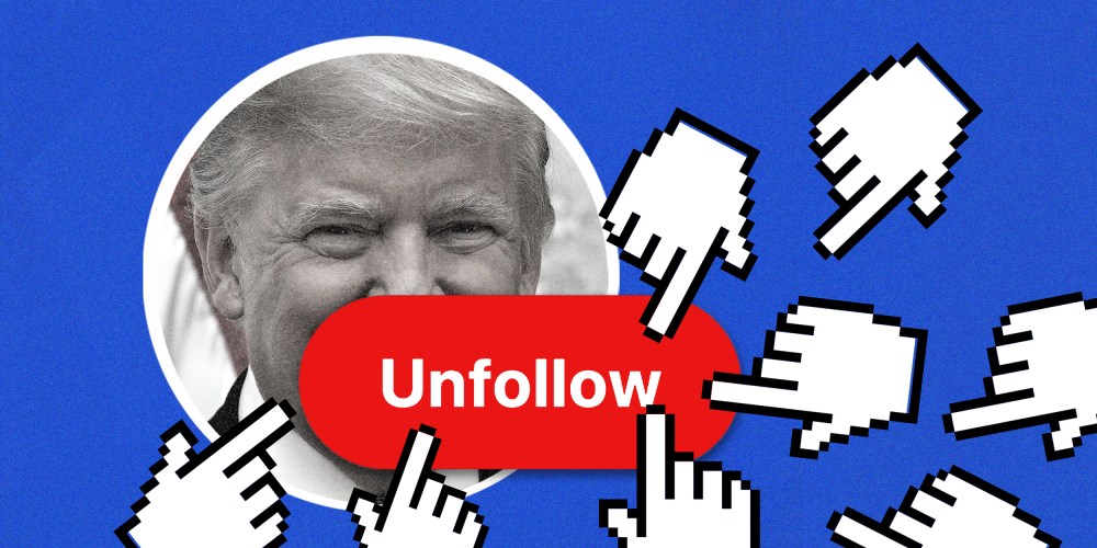 Image: Multiple hand icons coming towards a button that reads "Unfollow" over an image of Donald Trump in a circular frame.