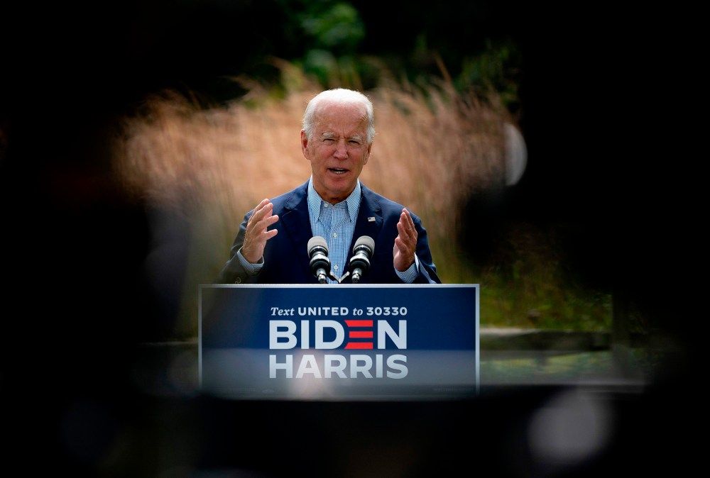 Image: Democratic presidential candidate Joe Biden speaks outside the Delaware Museum of Natural History in Wilmington, Del