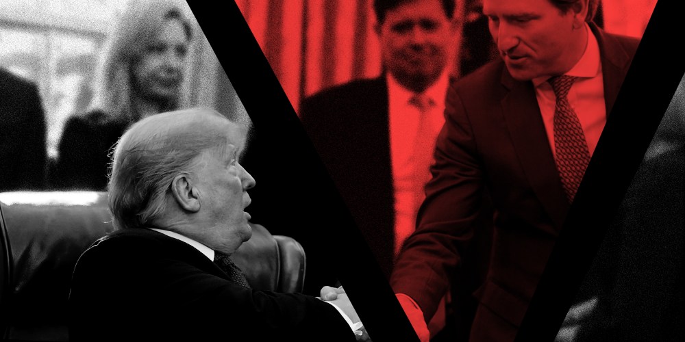 Image: An image of Trump shaking hands with Chris Krebs is sliced through the hands. The slice with Chris Krebs has a red overlay.