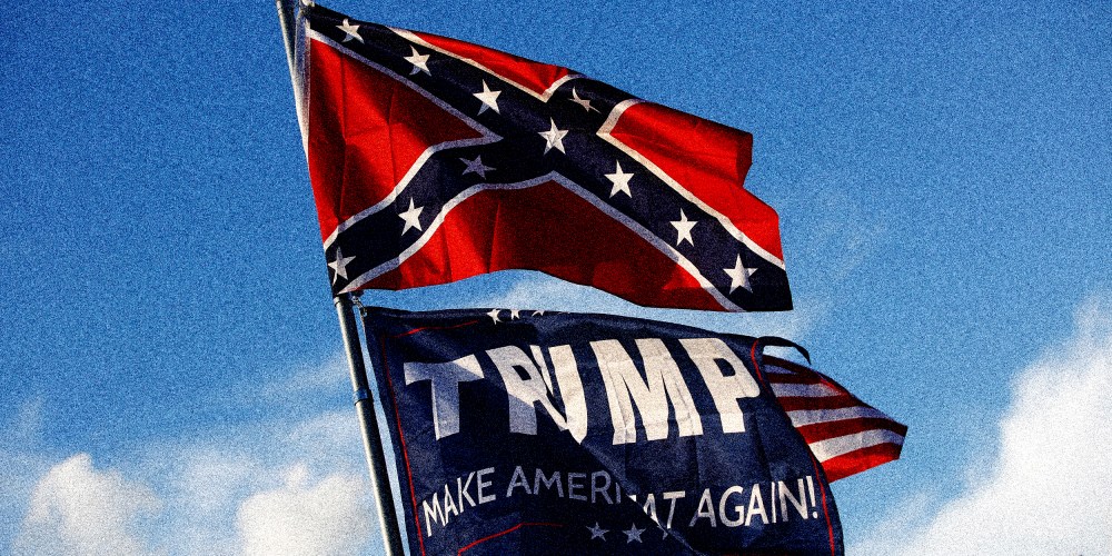 Image: A Trump "Make America Great Again!" flag flies below a confederate flag
