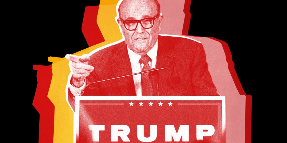 Image: Image: Cut out of Rudi Giuliani speaking over a podium with a Trump sign, left hand pointing at the audience with red, yellow and pink colored shadows.