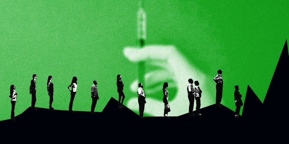 Image: A green background with a blurry hand holding a vaccine, people wait in line in the foreground over a spiking graph.