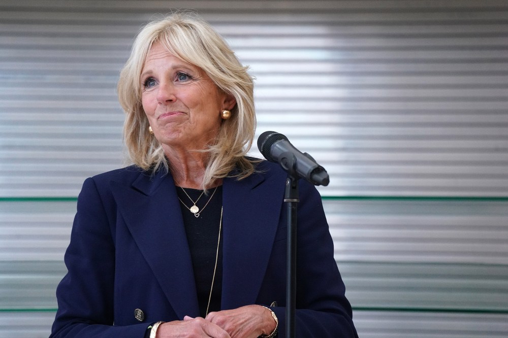 Image: Dr. Jill Biden took questions from reporters during a campaign stop at Jeffers Pond Elementary School, Prior Lake, Minn.