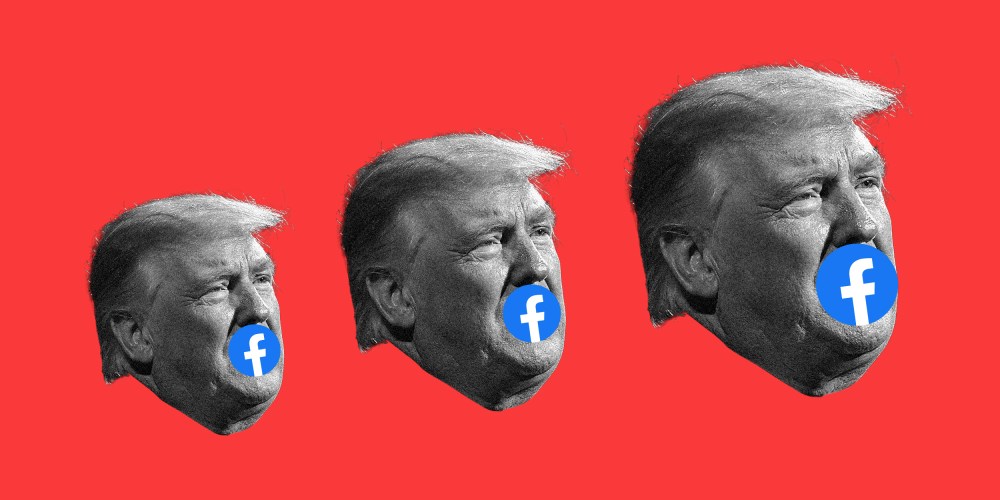 Photo illustration with three faces of Donald Trump increasing in size against a red background. A facebook logo covers his mouth.
