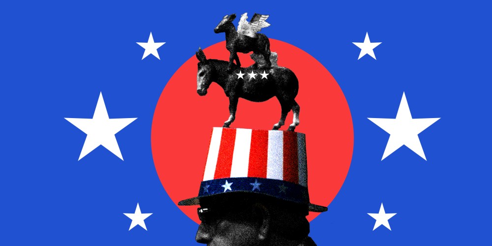 Photo illustration of a man wearing a hat with the donkey, the party symbol of the Democratic Party surrounded by stars.