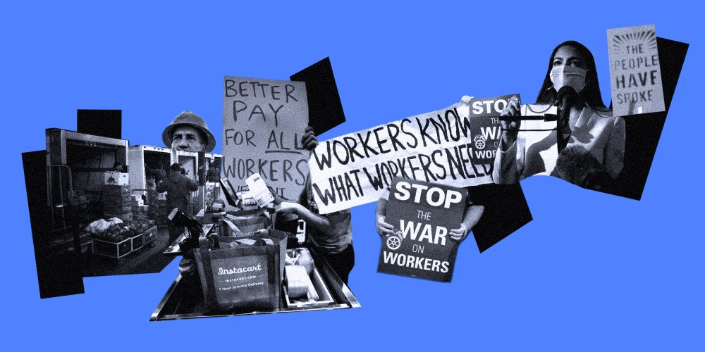 Photo collage of workers carrying produce baskets into storage, InstaCart employees packing groceries, workers' union protest signs and Alexandria Ocasio-Cortez speaking.