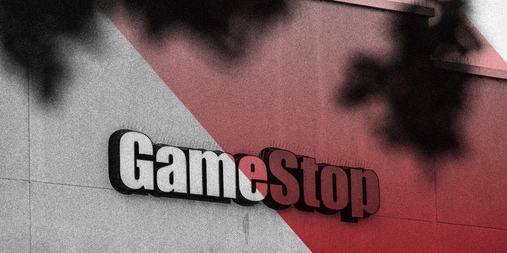 Image: Signage on a GameStop store with a red overlay on one half