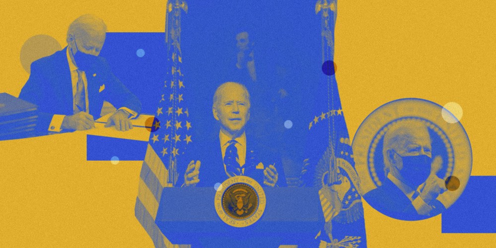 Photo collage of images of President Biden signing an executive order, delivering remarks in the State Dining Room of the White House and speaking with his fist up.