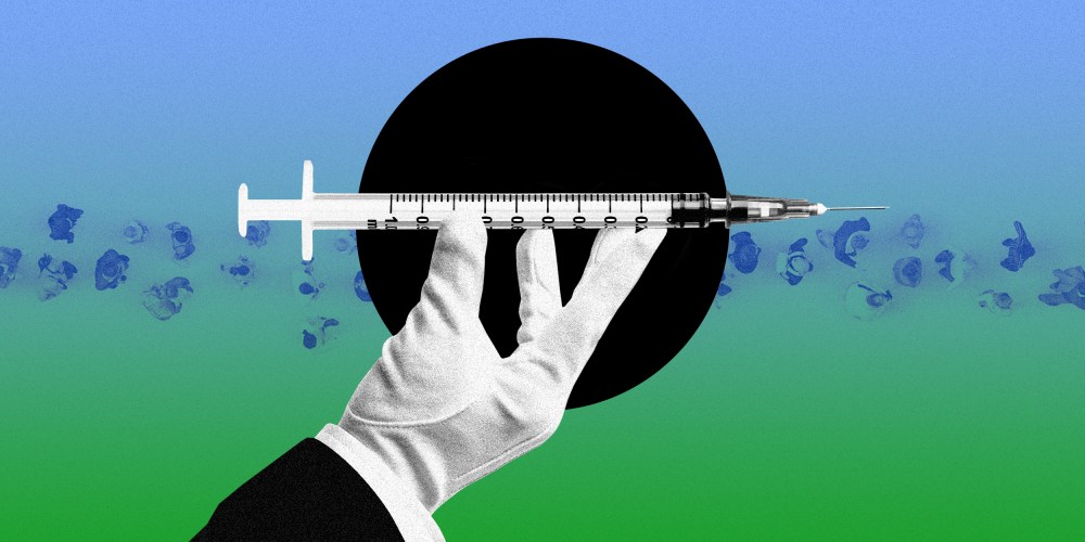 Photo illustration of a hand in a white glove holding a vaccine against a black circle above a line of people waiting.