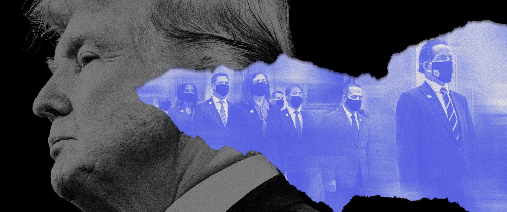 Photo illustration of Donald Trump looking to the left and a tear reveals a blue image of the impeachment managers led by Jamie Raskin.