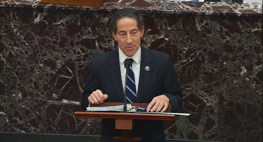 House impeachment manager Rep. Jamie Raskin, D-Md., speaks during closing arguments in the impeachment trial of former President Donald Trump on Feb. 13, 2021.
