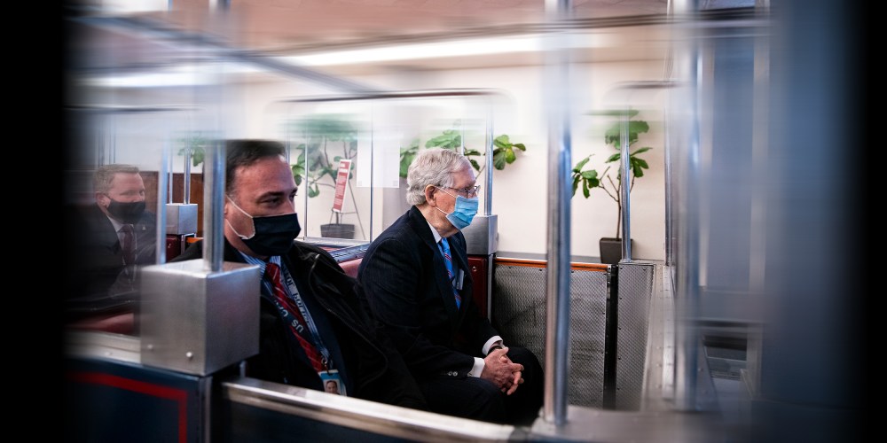 Image: Senate Minority Leader Mitch McConnell in the subway of the U.S. Capitol in Washington, DC