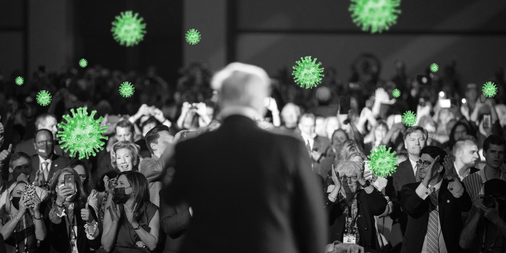 Photo illustration of green COVID-19 spores in the audience as Former President Donald Trump speaks at the Conservative Political Action Conference (CPAC).