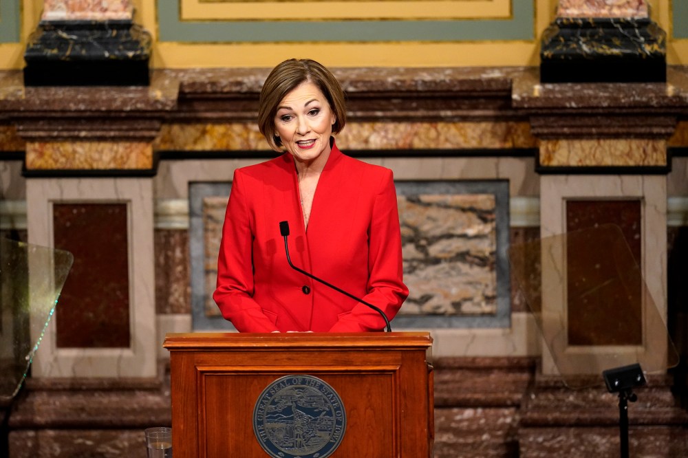 Iowa Gov. Kim Reynolds delivers her Condition of the State address before a joint session of the Iowa Legislature on Jan. 12, 2021