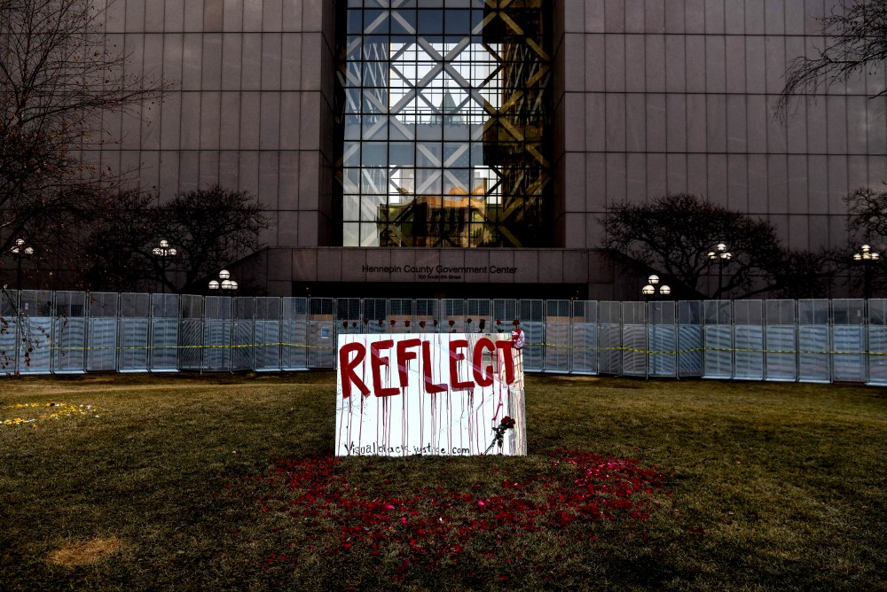 Image: A protest art piece created by Visual Black Justice outside of the Hennepin County Government Center before jury selection begins in the trial of former Minneapolis police officer Derek Chauvin on March 8, 2021.