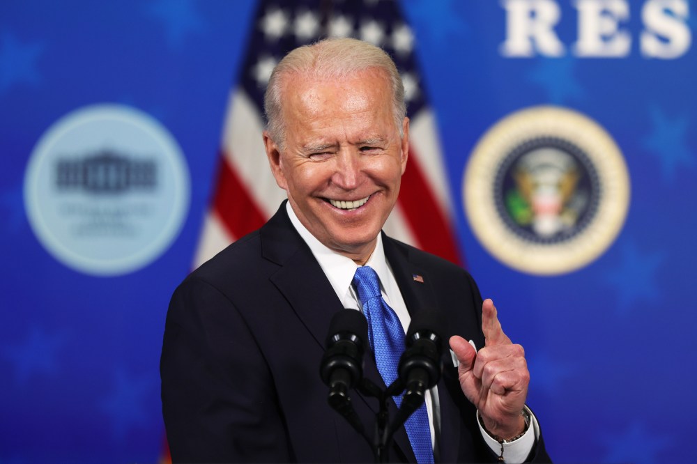 President Joe Biden speaks during an event with the CEOs of Johnson and Johnson and Merck in Washington on March 10, 2021.