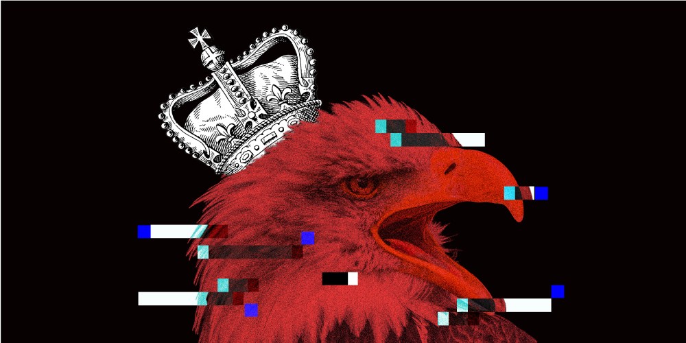 Photo illustration of a royal crown on an eagle's head with glitches over it.