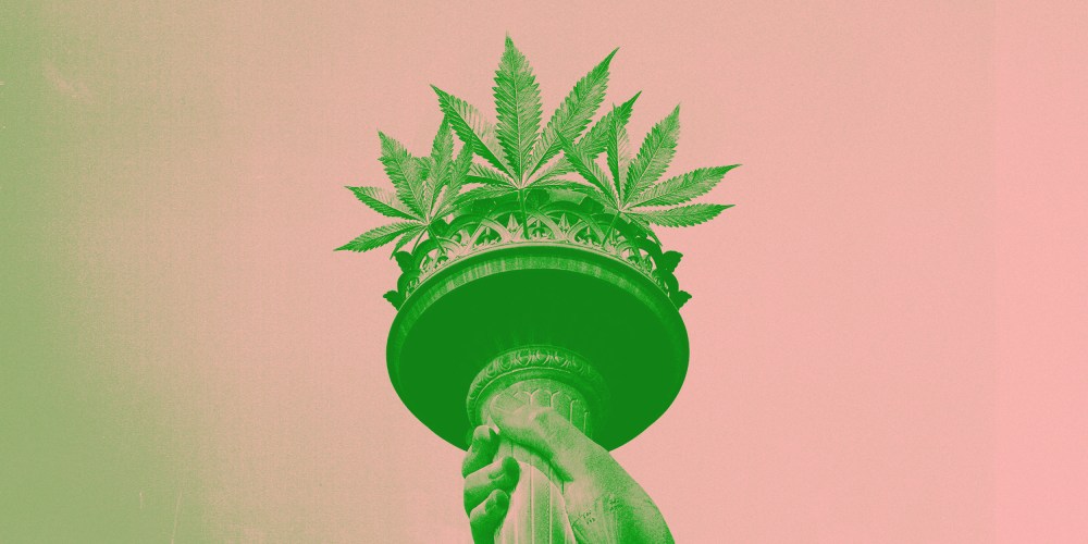 Photo illustration of cannabis leaves sticking out of the Statue of Liberty torch.