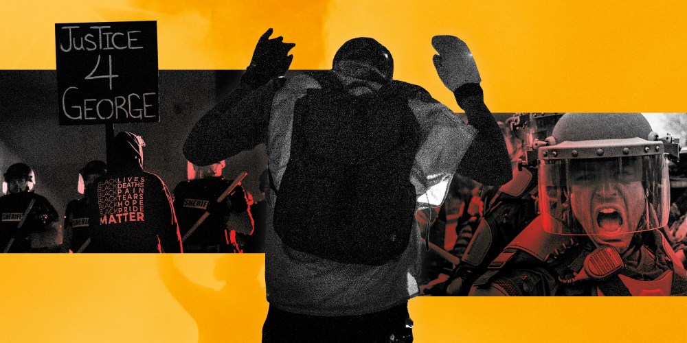 Illustration of scenes from protests in Minneapolis after a Black man was killed by police on April 11, 2021.