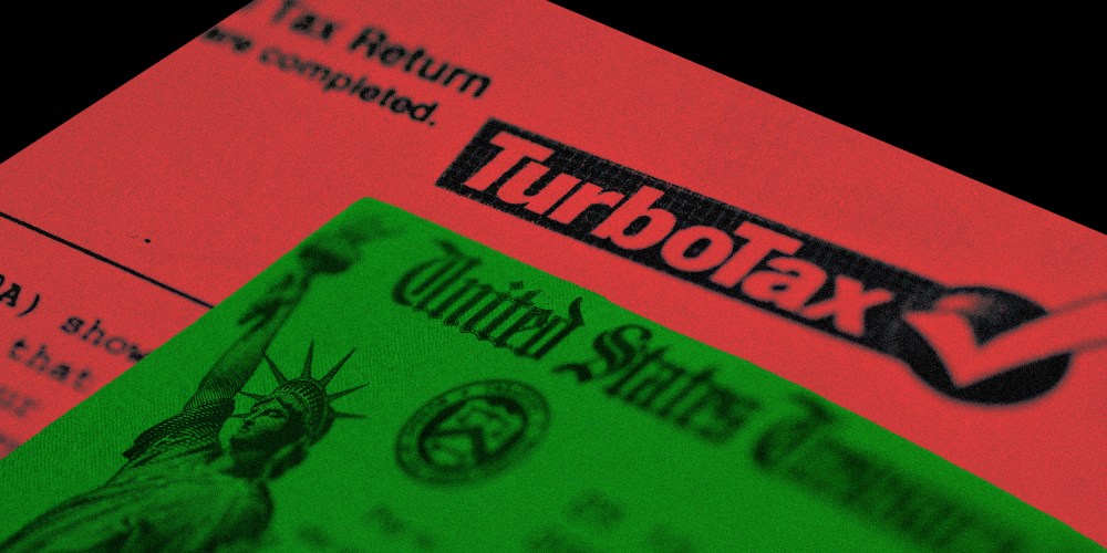 Photo illustration of the payment cheque from the US Treasury and a sheet with the Turbo Tax logo.