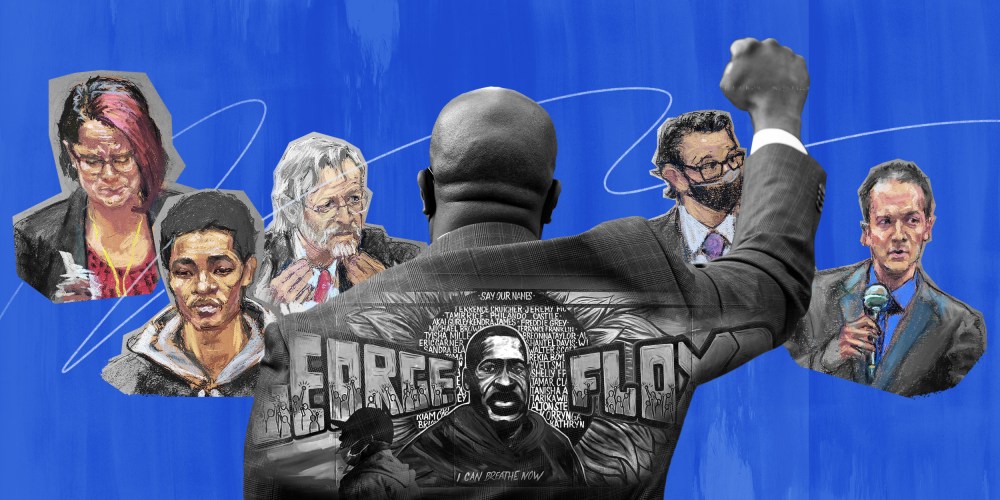 Photo collage of a mural with George Floyd's name and portrait overlaying the back of a person with their fist up along with courtroom sketches from the trial of Derek Chauvin