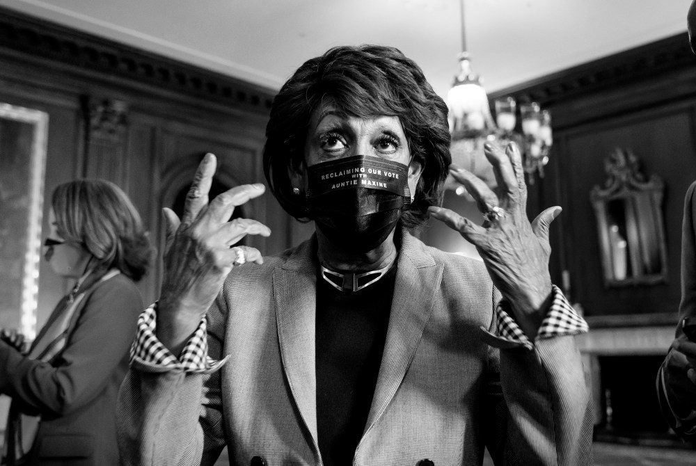 Image: Rep. Maxine Waters, D-Calif., speaks as she waits for the verdict in the murder trial of former Minneapolis police officer Derek Chauvin on Capitol Hill on April 20, 2021.