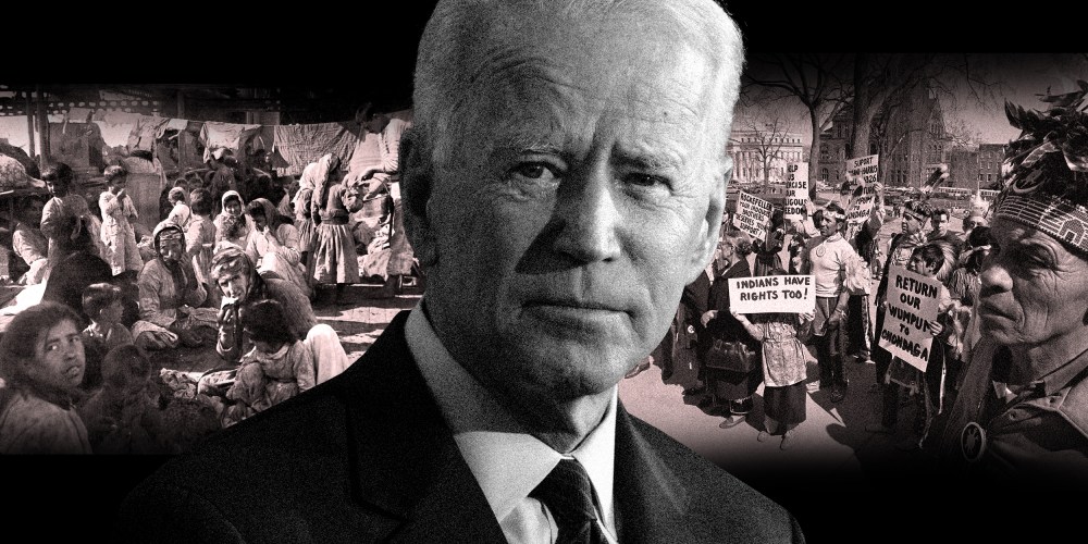 Photo illustration: President Joe Biden against an image of Armenian refugees and another image of members of various native American tribes in front of the capitol building in Albany.