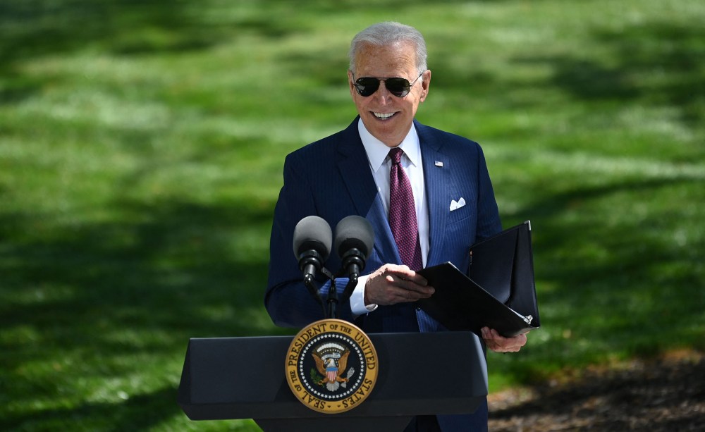 Image: President Joe Biden arrives to deliver remarks on the Covid-19 response outside the White House on April 27, 2021.