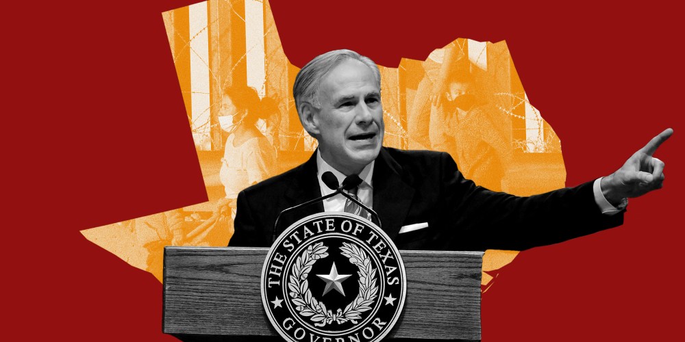 Photo illustration: Texas Governor Greg Abbott speaking against the background of the Texas state map with the image of asylum seeking migrants.