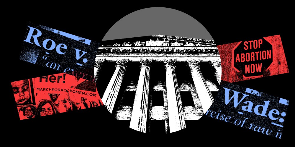 Photo illustration: Supreme Court in the centre, two lines crossing at the back, one reads,"Roe v Wade" and the other has a sign that reads,"Stop Abortion now".