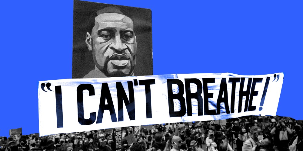 Photo collage: A placard with George Floyd's portrait above a crowd and a sign that reads,"I can't breathe".