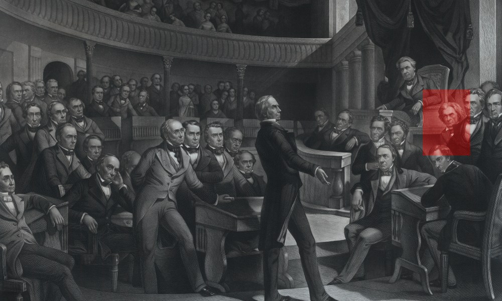 Photo illustration: Red highlight over John C. Calhoun in an engraving of the United States Senate.