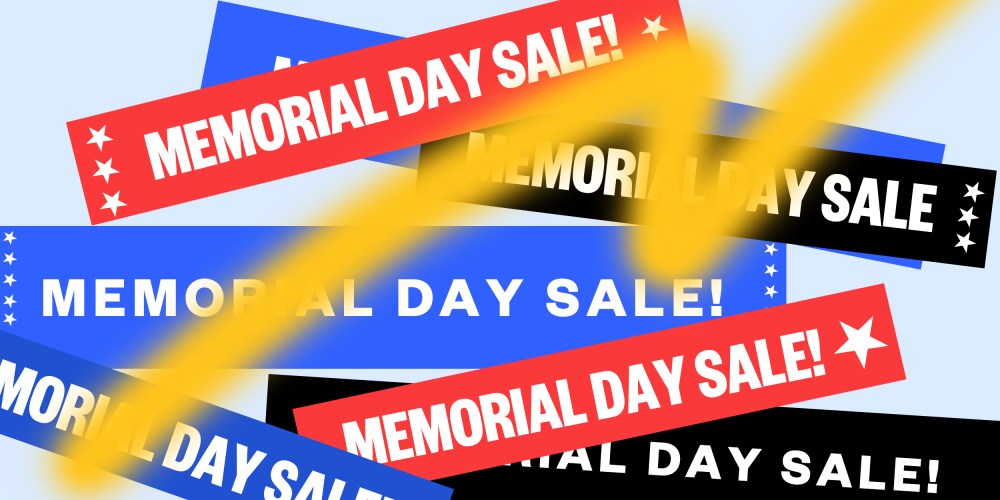 Illustration: Overlapping banners for Memorial Day Sale sprayed over by paint.