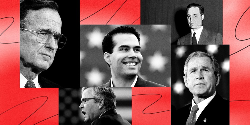 Illustration shows members of the Bush family, including former Presidents George H. W. Bush and George W. Bush, former Florida Governor Jeb Bush, politician George Prescott Bush, and former Senator Prescott Bush.