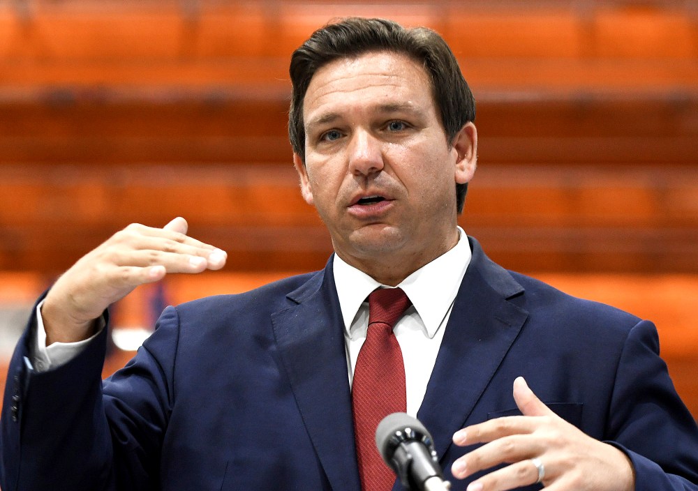 Florida Gov. Ron DeSantis speaks at a press conference at LifeScience Logistics on May 28, 2021 in Lakeland, Fla.