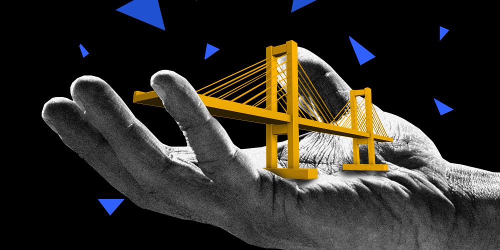 Photo illustration: A hand holding out a miniature model of a bridge.